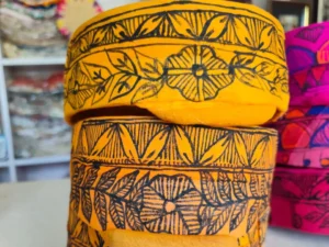 Yellow Mithila Paag with traditional Mithila artwork