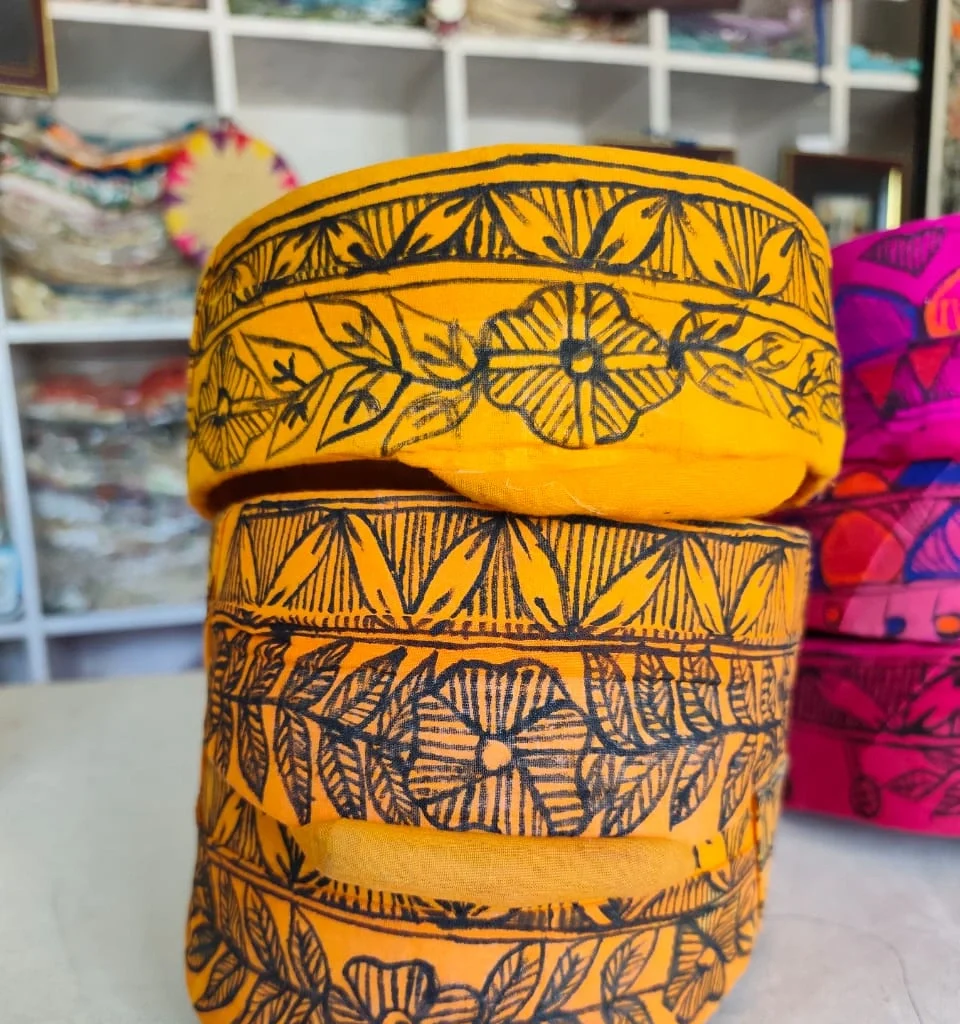 Yellow Mithila Paag with traditional Mithila artwork