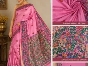 Handcrafted Mulberry Silk Saree featuring traditional Mithila Painting artwork in vibrant colors