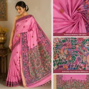 Handcrafted Mulberry Silk Saree featuring traditional Mithila Painting artwork in vibrant colors